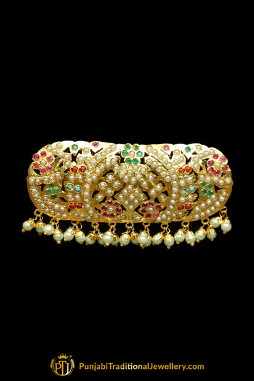 Gold Finished Navratan Pearl Jadau Clip Hair Accessories By Punjabi Traditional Jewellery